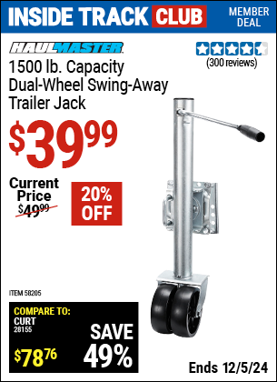 Inside Track Club members can Buy the HAUL-MASTER 1500 lb. Capacity Dual Wheel Swing-Away Trailer Jack (Item 58205) for $39.99, valid through 12/5/2024.