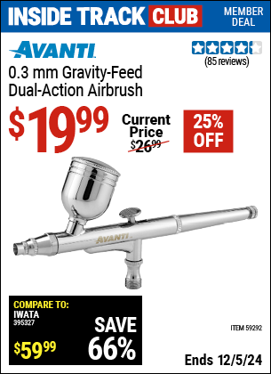 Inside Track Club members can Buy the AVANTI 0.3mm Gravity-Feed Dual-Action Airbrush (Item 59292) for $19.99, valid through 12/5/2024.