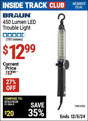 Inside Track Club members can Buy the BRAUN 450 Lumen LED Trouble Light (Item 63920) for $12.99, valid through 12/5/2024.