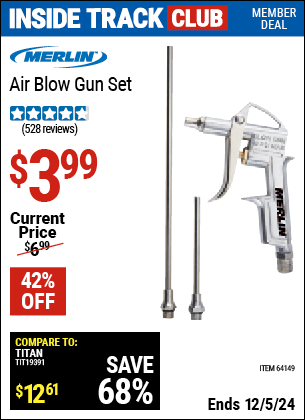 Inside Track Club members can Buy the MERLIN Air Blow Gun Set (Item 64149) for $3.99, valid through 12/5/2024.