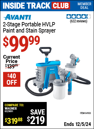 Inside Track Club members can Buy the AVANTI 2 Stage Portable HVLP Paint and Stain Sprayer (Item 64933) for $99.99, valid through 12/5/2024.