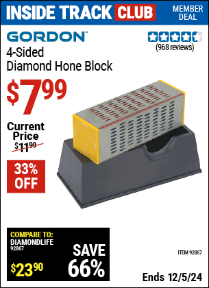 Inside Track Club members can Buy the GORDON 4-Sided Diamond Hone Block (Item 92867) for $7.99, valid through 12/5/2024.