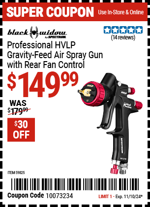 Buy the BLACK WIDOW BY SPECTRUM Professional HVLP Gravity-Feed Air Spray Gun with Rear Fan Control (Item 59825) for $149.99, valid through 11/10/2024.