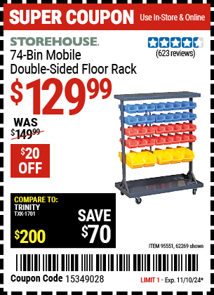 Buy the STOREHOUSE 74-Bin Mobile Double-Sided Floor Rack (Item 62269/95551) for $129.99, valid through 11/10/2024.