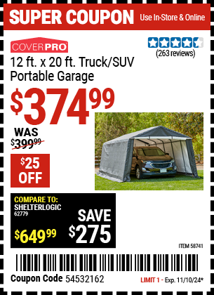 Buy the COVERPRO 12 ft. x 20 ft. Truck/SUV Portable Garage (Item 58741) for $374.99, valid through 11/10/2024.