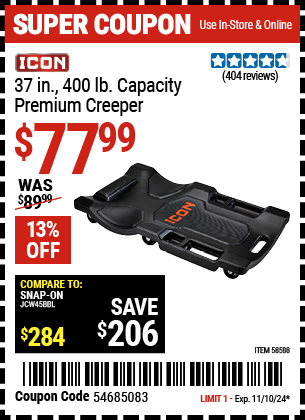 Buy the ICON 37 in., 400 lb. Capacity Premium Creeper, Black (Item 58588) for $77.99, valid through 11/10/2024.