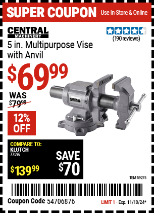 Buy the CENTRAL MACHINERY 5 in. Multi-Purpose Vise with Anvil (Item 59275) for $69.99, valid through 11/10/2024.