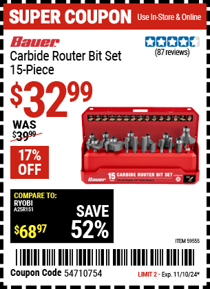 Buy the BAUER Carbide Router Bit Set, 15-Piece (Item 59555) for $32.99, valid through 11/10/2024.