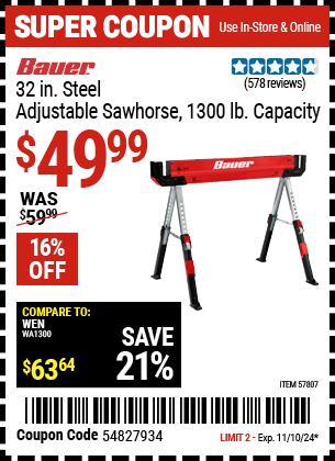 Buy the BAUER 32 in. Steel Adjustable Sawhorse, 1300 lb. Capacity (Item 57807) for $49.99, valid through 11/10/2024.