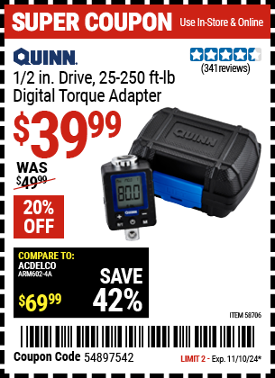 Buy the QUINN 1/2 in. Drive 25-250 ft. lb. Digital Torque Adapter (Item 58706) for $39.99, valid through 11/10/2024.