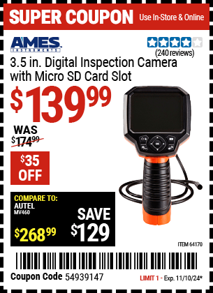 Buy the AMES INSTRUMENTS 3.5 In. Digital Inspection Camera with Micro SD Card Slot (Item 64170) for $139.99, valid through 11/10/2024.