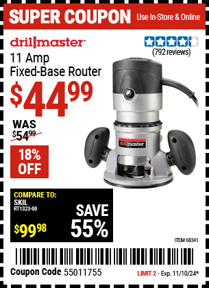 Buy the DRILL MASTER 11 Amp Fixed Base Router (Item 68341) for $44.99, valid through 11/10/2024.