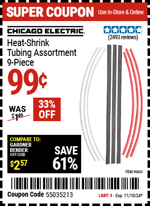 Buy the CHICAGO ELECTRIC Heat-Shrink Tubing Assortment, 9-Piece (Item 96024) for $0.99, valid through 11/10/2024.