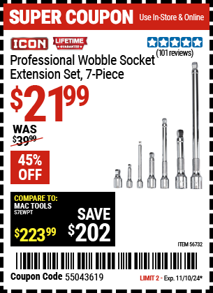 Buy the ICON Professional Wobble Socket Extension Set, 7 Piece (Item 56732) for $21.99, valid through 11/10/2024.