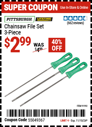 Buy the PITTSBURGH Chain Saw File Set, 3 Piece (Item 91992) for $2.99, valid through 11/10/2024.