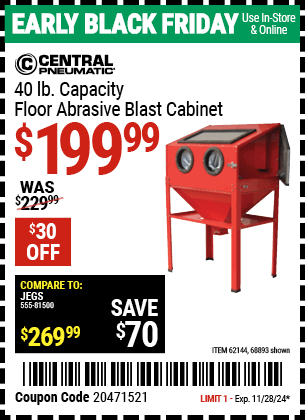 Buy the CENTRAL PNEUMATIC 40 lb. Capacity Floor Abrasive Blast Cabinet (Item 68893/62144) for $199.99, valid through 11/28/2024.