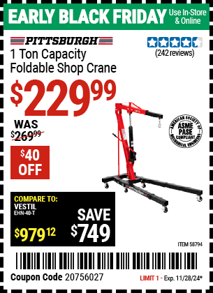 Buy the PITTSBURGH 1 Ton Capacity Foldable Shop Crane (Item 58794) for $229.99, valid through 11/28/2024.