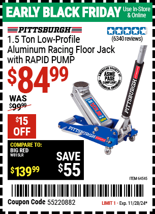 Buy the PITTSBURGH AUTOMOTIVE 1.5 Ton Low-Profile Aluminum Racing Floor Jack with RAPID PUMP (Item 64545) for $84.99, valid through 11/28/2024.