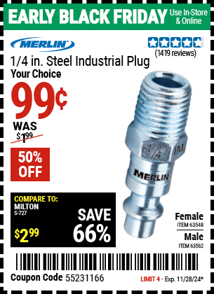 Buy the MERLIN 1/4 in. Steel Industrial Plug (Item 63548/63562) for $0.99, valid through 11/28/2024.