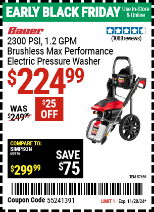 Buy the BAUER 2300 PSI, 1.2 GPM Brushless Max Performance Electric Pressure Washer (Item 57656) for $224.99, valid through 11/28/2024.