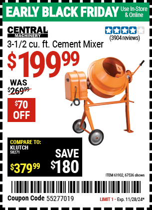 Buy the CENTRAL MACHINERY 3-1/2 Cubic Ft. Cement Mixer (Item 67536/61932) for $199.99, valid through 11/28/2024.