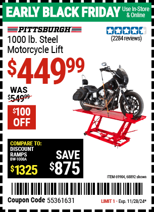 Buy the PITTSBURGH 1000 lb. Steel Motorcycle Lift (Item 68892/69904) for $449.99, valid through 11/28/2024.