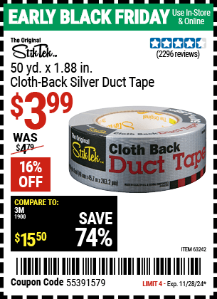 Buy the STIKTEK 50 Yds. x 1.88 in. Cloth-Back Silver Duct Tape (Item 63242) for $3.99, valid through 11/28/2024.