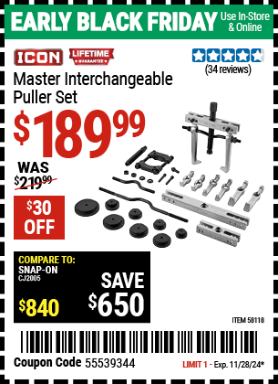 Buy the ICON Master Interchangeable Puller Set (Item 58118) for $189.99, valid through 11/28/2024.