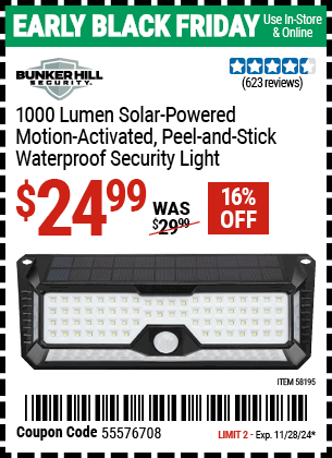 Buy the BUNKER HILL SECURITY 1000 Lumen Solar Powered, Motion Activated, Peel-and-stick, Waterproof Security Light (Item 58195) for $24.99, valid through 11/28/2024.