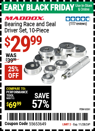 Buy the MADDOX Bearing Race and Seal Driver Set, 10-Piece (Item 63261) for $29.99, valid through 11/28/2024.