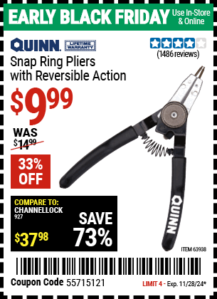 Buy the QUINN Snap Ring Pliers with Reversible Action (Item 63938) for $9.99, valid through 11/28/2024.