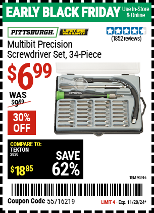 Buy the PITTSBURGH Multi-Bit Precision Screwdriver Set, 34 Piece (Item 93916) for $6.99, valid through 11/28/2024.