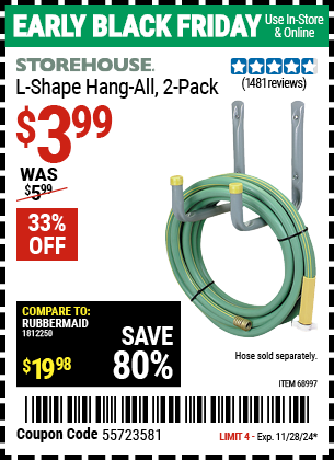 Buy the STOREHOUSE L-Shape Hang-All, 2 Pack (Item 68997) for $3.99, valid through 11/28/2024.