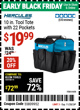 Buy the HERCULES 10 in. Tool Tote with 22 Pockets (Item 64658) for $19.99, valid through 11/28/2024.