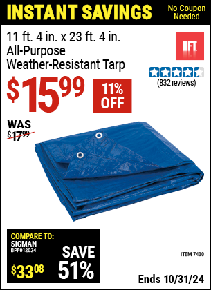 Buy the HFT 11 ft. 4 in. x 23 ft. 4 in. Blue All-Purpose/Weather-Resistant Tarp (Item 07430) for $15.99, valid through 10/31/2024.