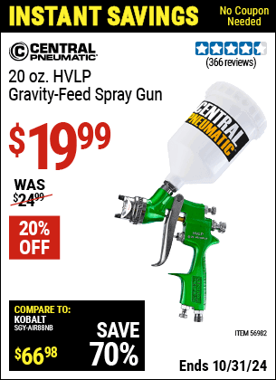 Buy the CENTRAL PNEUMATIC 20 Oz. HVLP Gravity Feed Spray Gun (Item 56982) for $19.99, valid through 10/31/2024.