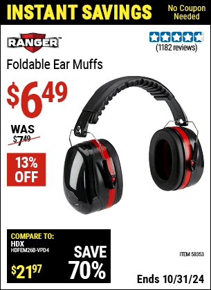 Buy the RANGER Foldable Ear Muffs (Item 58353) for $6.49, valid through 10/31/2024.