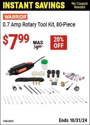 Buy the WARRIOR 0.7 Amp Rotary Tool Kit, 80-Piece (Item 58999) for $7.99, valid through 10/31/2024.