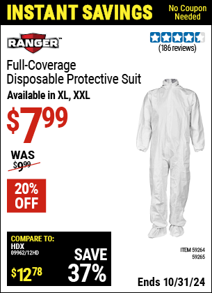 Buy the RANGER Full Coverage Disposable Protective Suit (Item 59264/59265) for $7.99, valid through 10/31/2024.