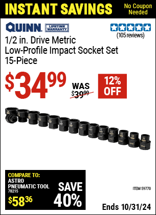 Buy the QUINN 1/2 in. Drive Metric Low-Profile Impact Socket Set, 15-Piece (Item 59770) for $34.99, valid through 10/31/2024.