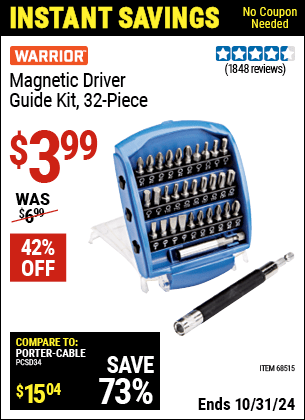 Buy the WARRIOR Magnetic Driver Guide Kit 32 Pc. (Item 68515) for $3.99, valid through 10/31/2024.