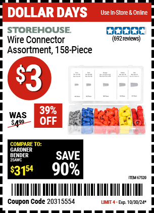 Buy the STOREHOUSE Wire Connector Assortment, 158-Piece (Item 67520) for $3, valid through 10/30/2024.