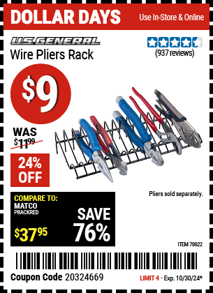 Buy the U.S. GENERAL Wire Pliers Rack (Item 70022) for $9, valid through 10/30/2024.