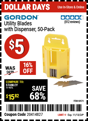 Buy the GORDON Utility Blades with Dispenser, 50 Pack (Item 60574) for $5, valid through 11/13/2024.