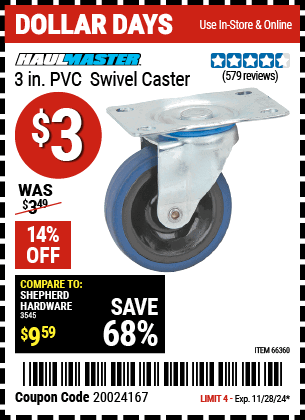 Buy the HAUL-MASTER 3 in. PVC Swivel Caster (Item 66360) for $3, valid through 11/28/2024.