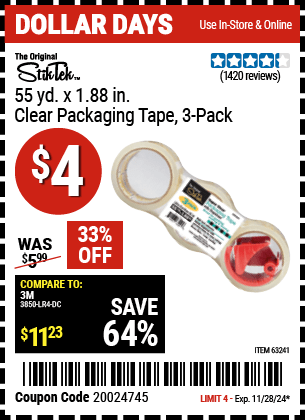 Buy the STIKTEK 55 yds. x 1.88 in. Clear Packaging Tape, 3 Pack (Item 63241) for $4, valid through 11/28/2024.