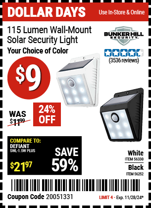 Buy the BUNKER HILL SECURITY 115 Lumen Wall Mount Solar Security Light (Item 56252/56330) for $9, valid through 11/28/2024.