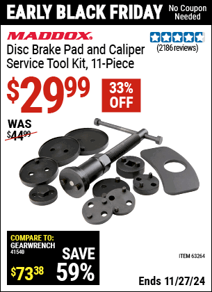 Buy the MADDOX Disc Brake Pad and Caliper Service Tool Kit, 11-Piece (Item 63264) for $29.99, valid through 11/27/2024.