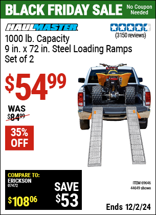 Buy the HAUL-MASTER 1000 lb. Capacity 9 in. x 72 in. Steel Loading Ramps, Set of Two (Item 44649/69646) for $54.99, valid through 12/2/2024.