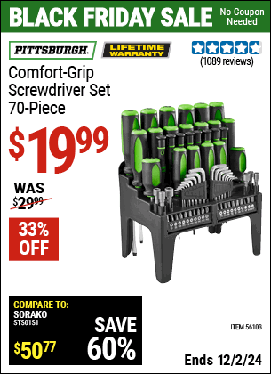 Buy the PITTSBURGH Comfort Grip Screwdriver Set, 70-Piece (Item 56103) for $19.99, valid through 12/2/2024.